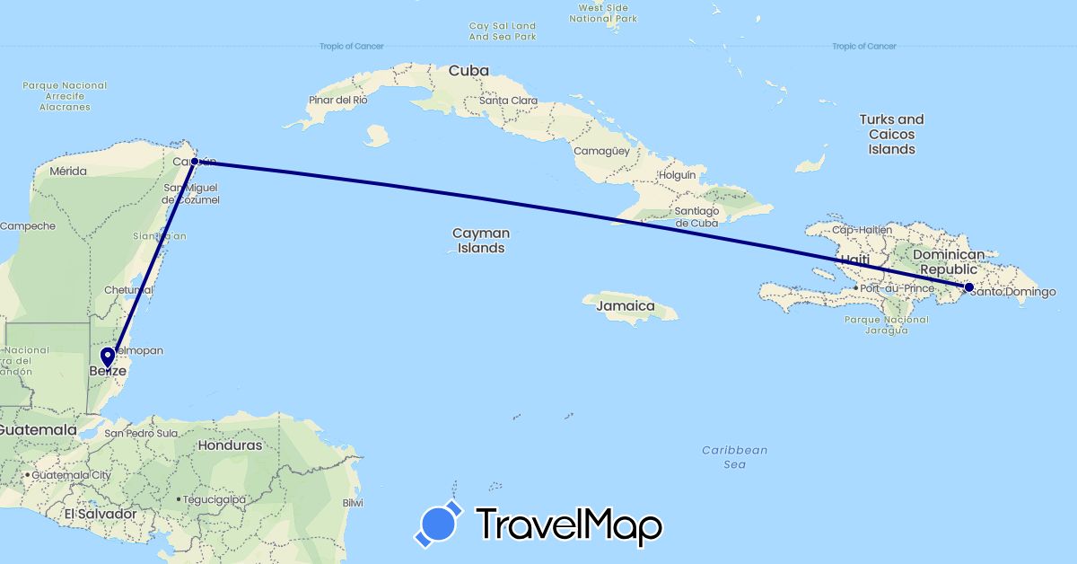 TravelMap itinerary: driving in Belize, Dominican Republic, Mexico (North America)